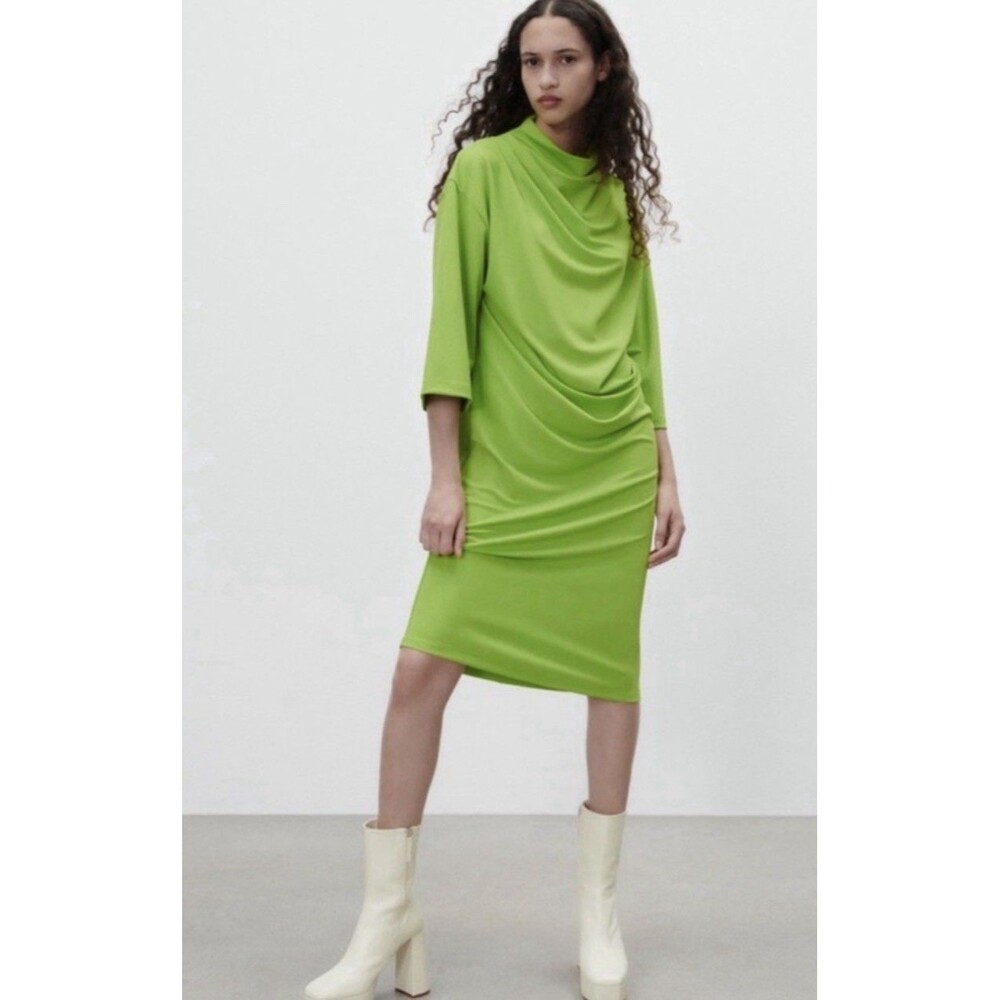 Zara Neon Green Draped Midi 3/4 sleeve Dress size small